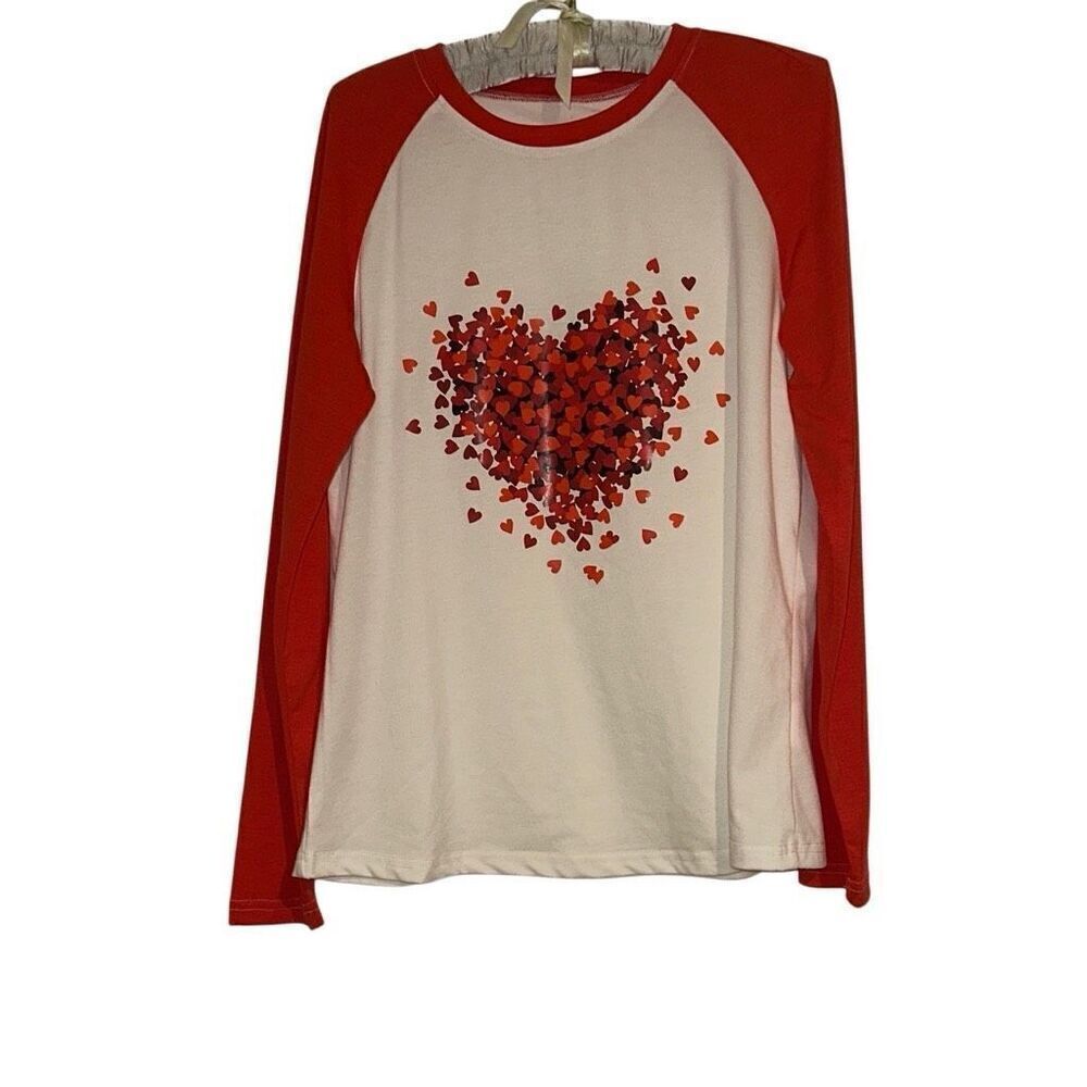 *New* Red White Colorblock Heart Graphic Print Crew Neck T-Shirt Ladies Small